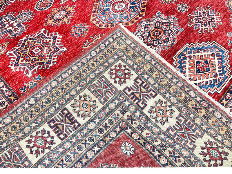 8x10 Ivory and Red Kazak Tribal Rug