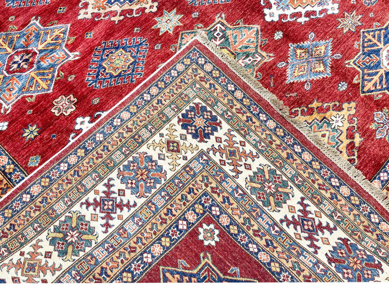 8x10 Red and Ivory Kazak Tribal Rug