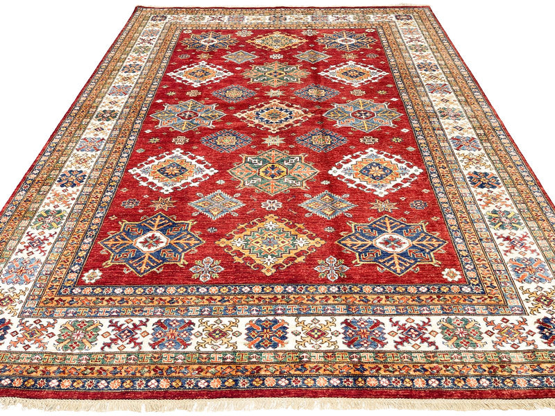 8x10 Red and Ivory Kazak Tribal Rug