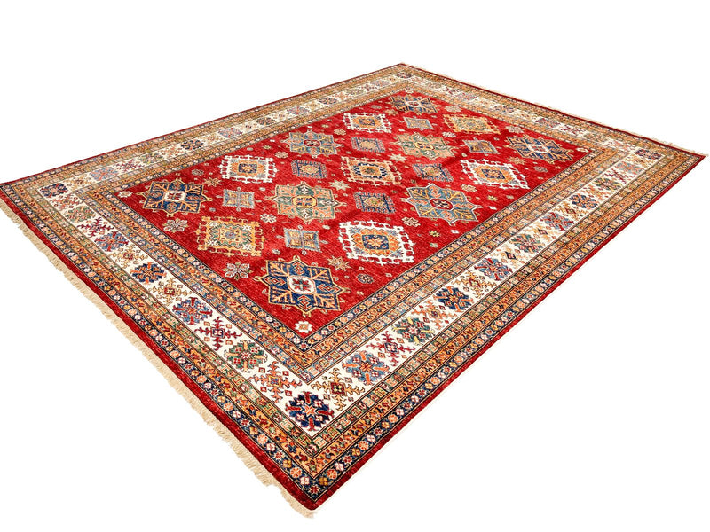 8x10 Red and Ivory Kazak Tribal Rug