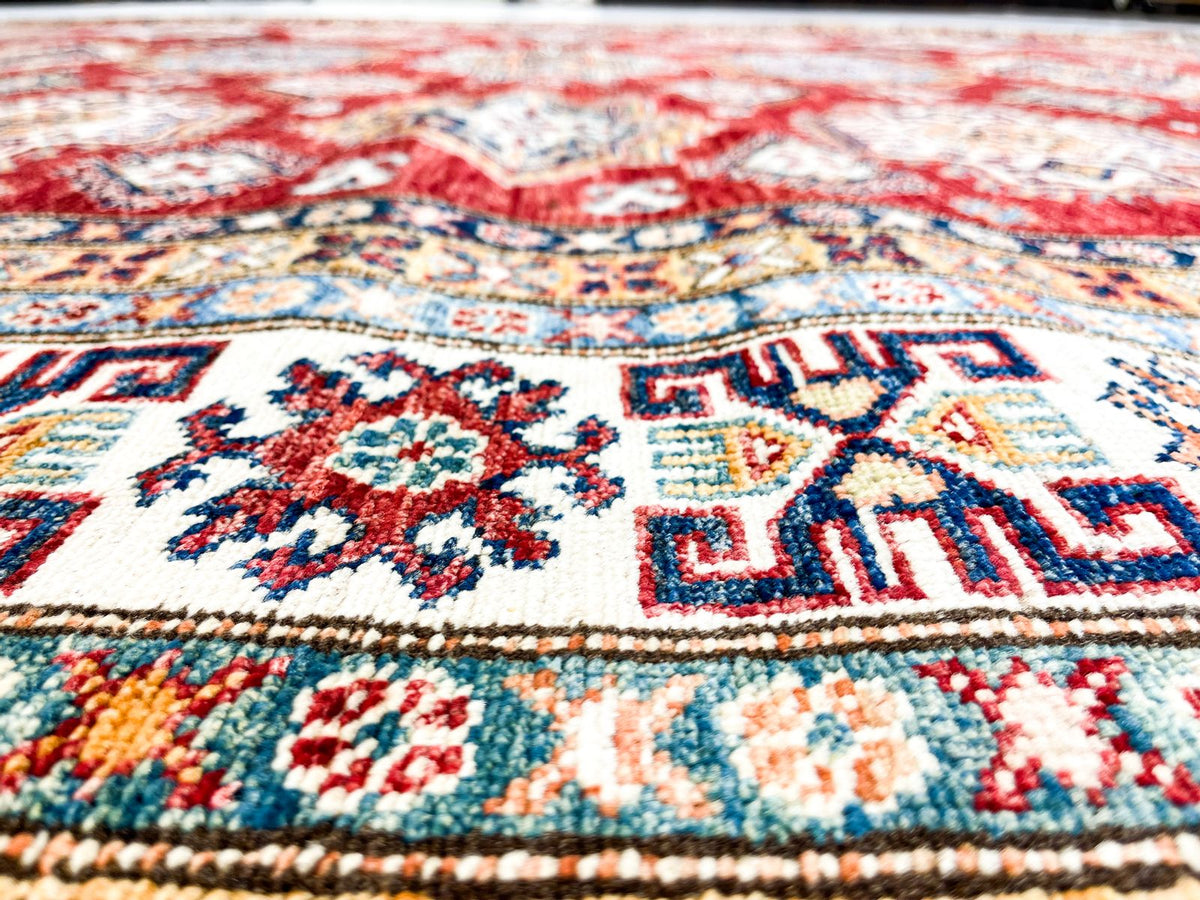 8x10 Red and Ivory Kazak Tribal Rug