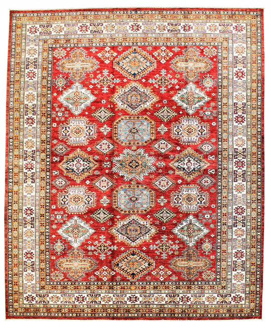 8x10 Red and Ivory Kazak Tribal Rug