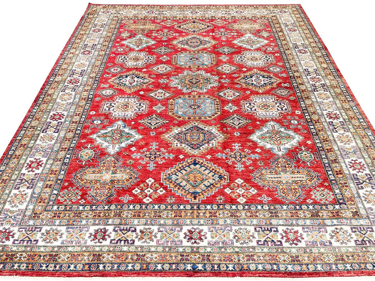 8x10 Red and Ivory Kazak Tribal Rug