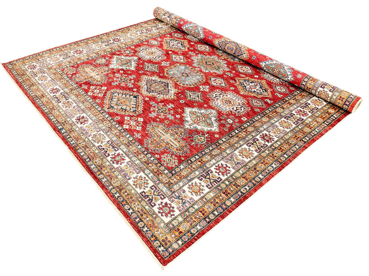 8x10 Red and Ivory Kazak Tribal Rug