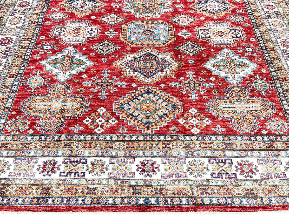 8x10 Red and Ivory Kazak Tribal Rug