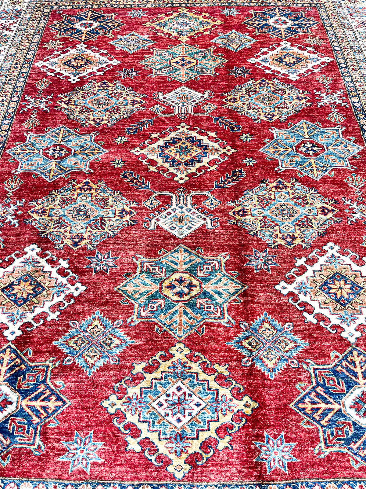 8x10 Red and Ivory Kazak Tribal Rug