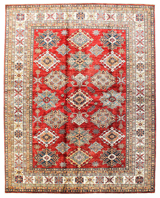 8x10 Red and Ivory Kazak Tribal Rug