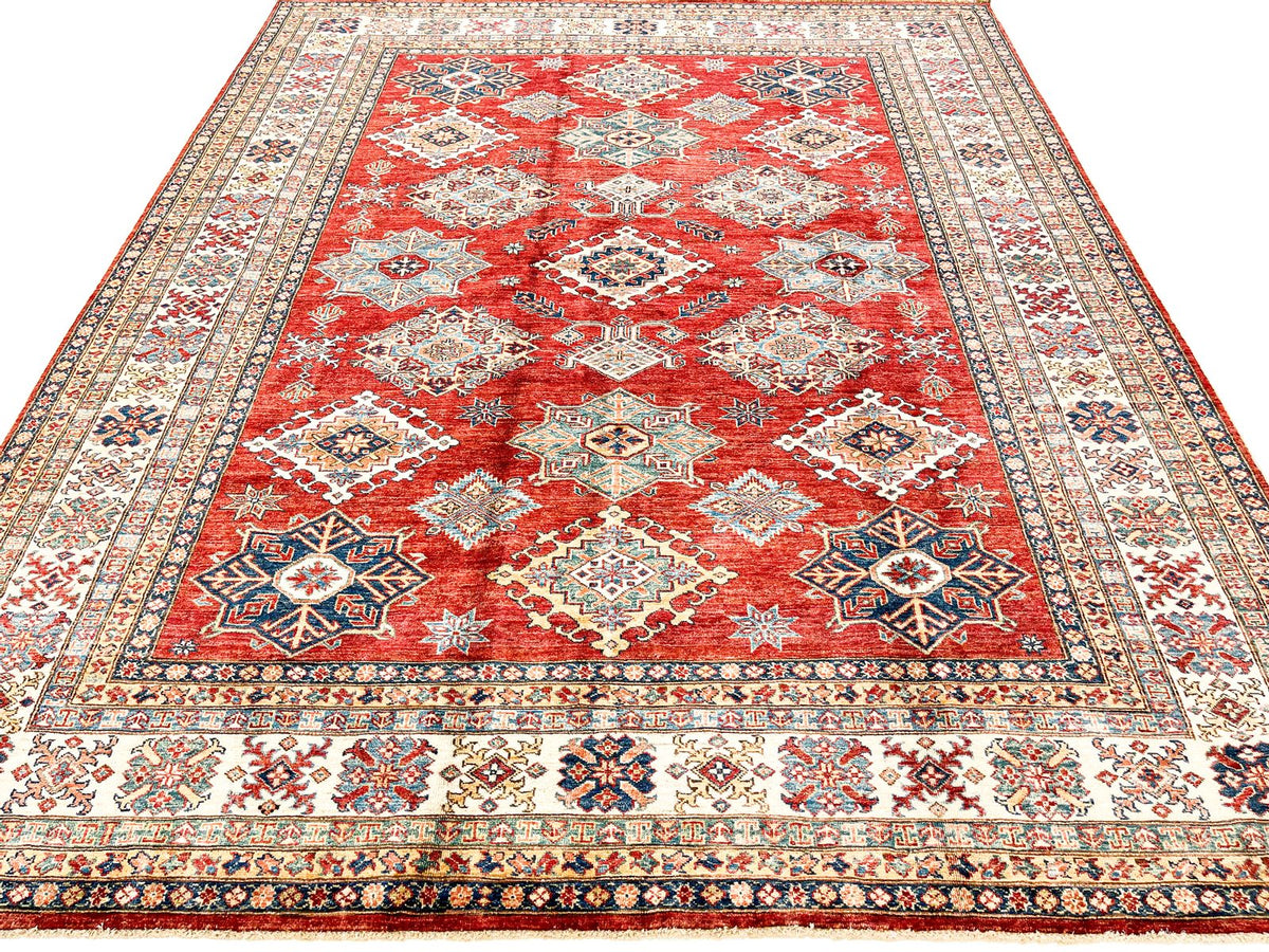 8x10 Red and Ivory Kazak Tribal Rug