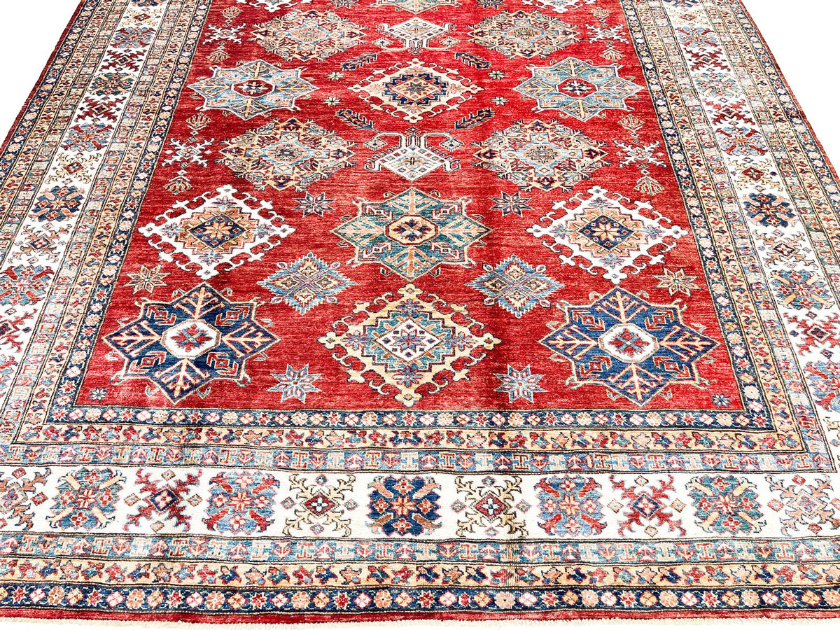 8x10 Red and Ivory Kazak Tribal Rug