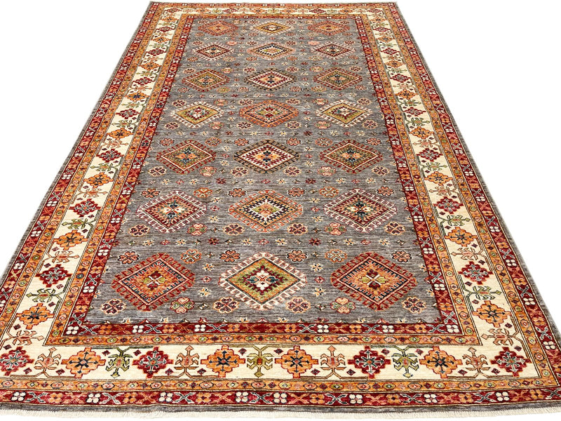 7x10 Gray and Ivory Kazak Tribal Rug