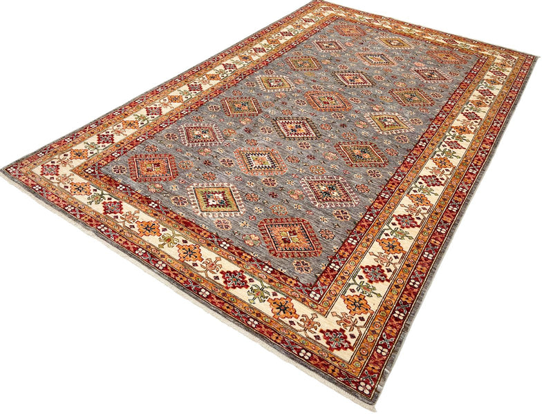 7x10 Gray and Ivory Kazak Tribal Rug