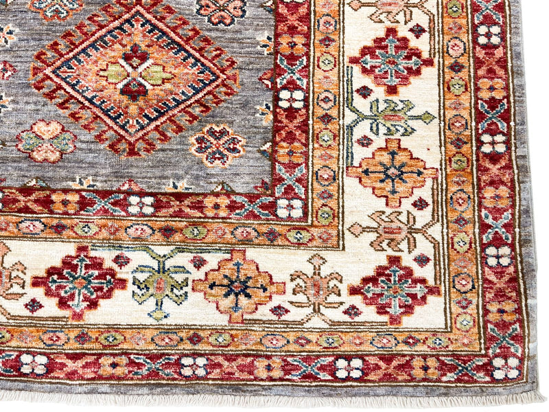 7x10 Gray and Ivory Kazak Tribal Rug