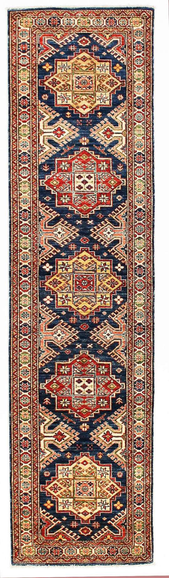 3x10 Navy Blue and Ivory Kazak Tribal Runner