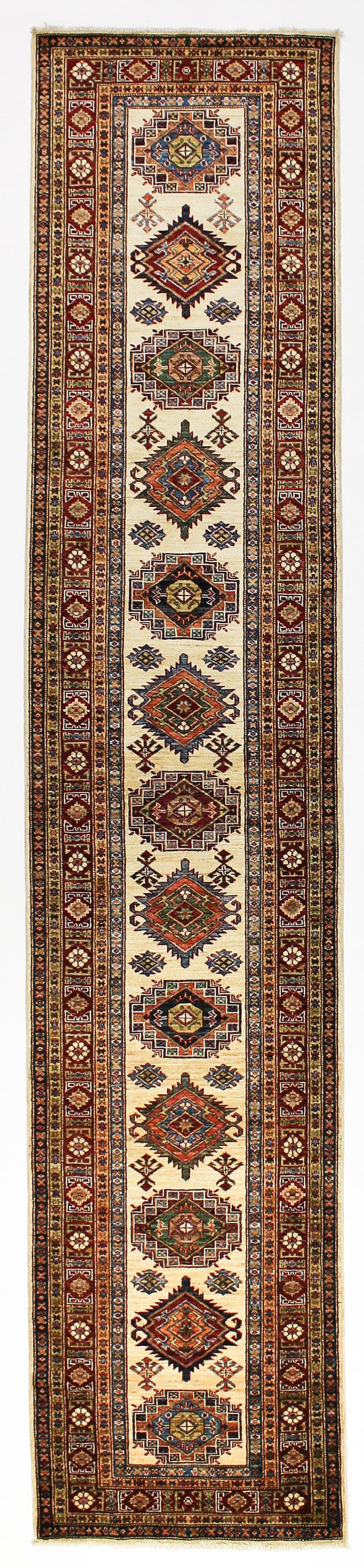3x14 Ivory and Red Kazak Tribal Runner