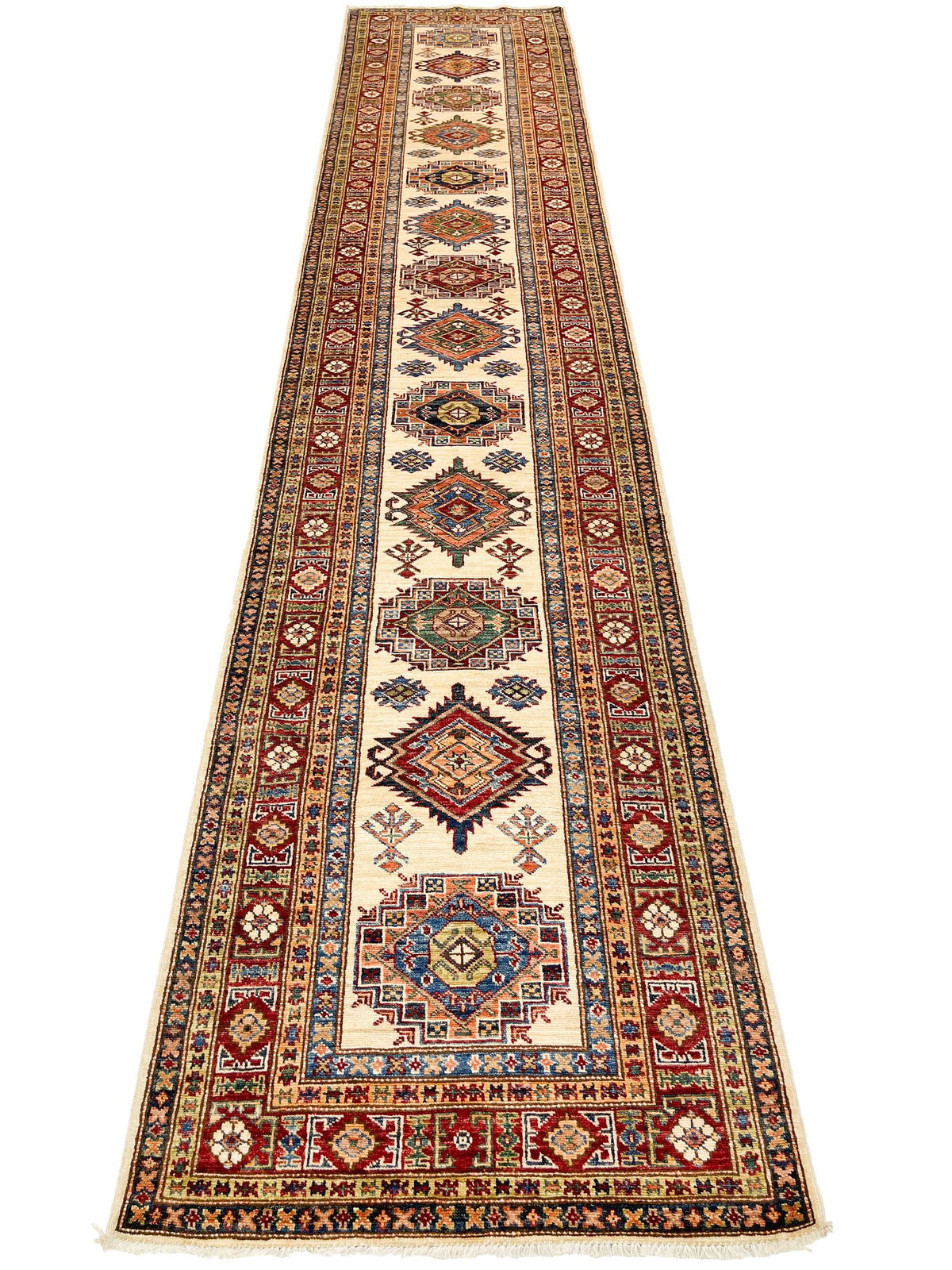 3x14 Ivory and Red Kazak Tribal Runner