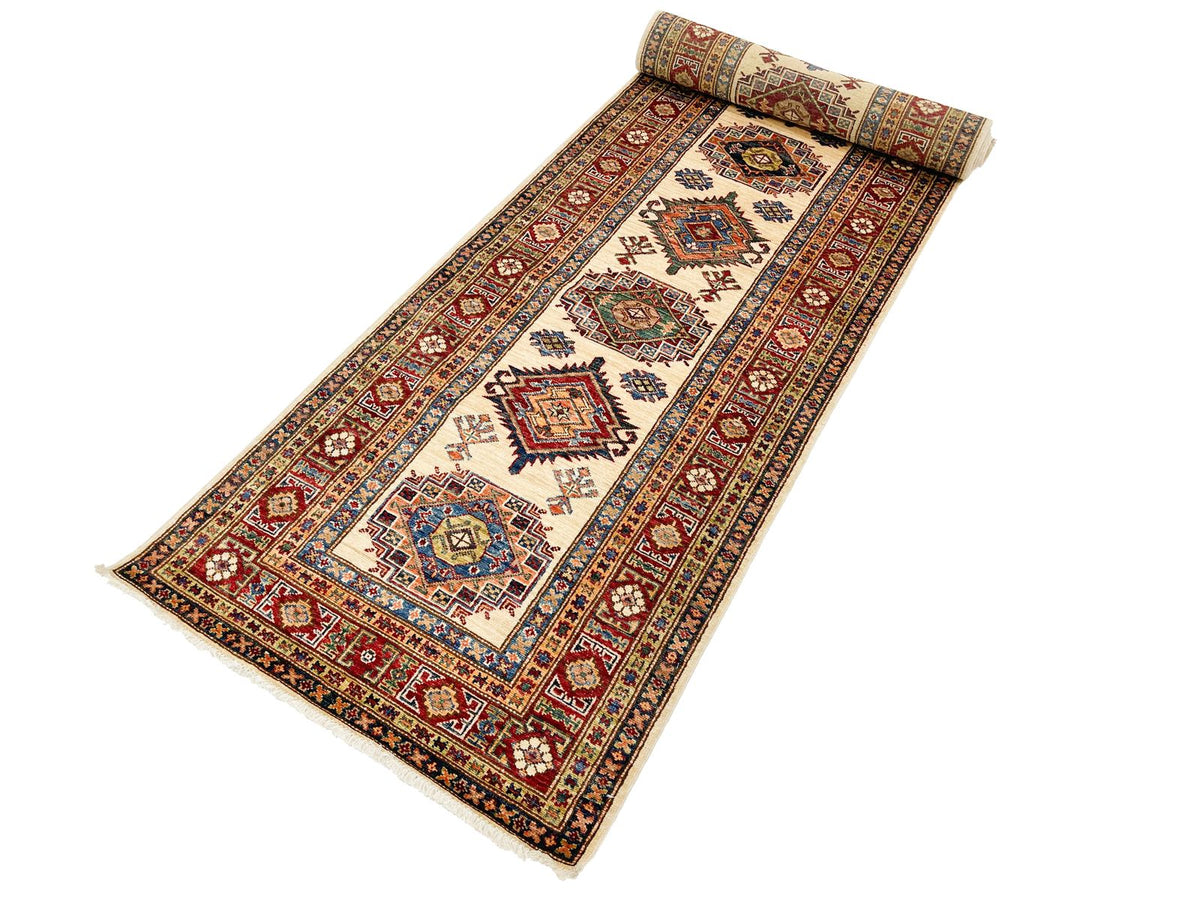 3x14 Ivory and Red Kazak Tribal Runner