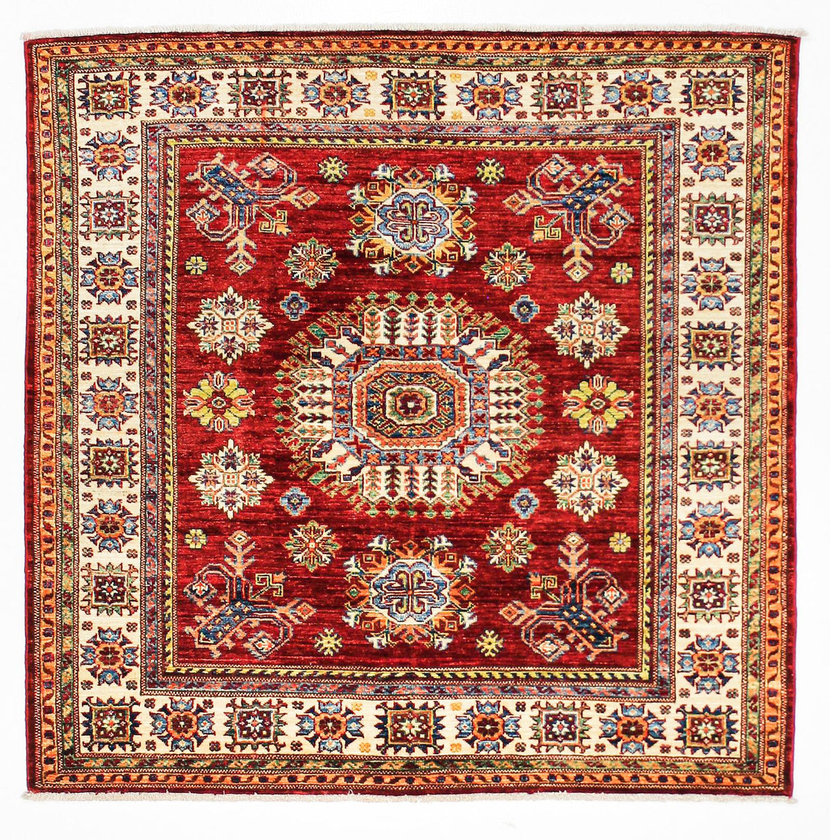 5x5 Red and Ivory Kazak Tribal Rug