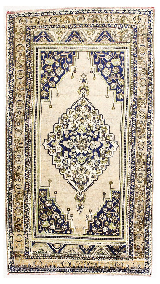 6x11 Ivory and Blue Turkish Tribal Rug