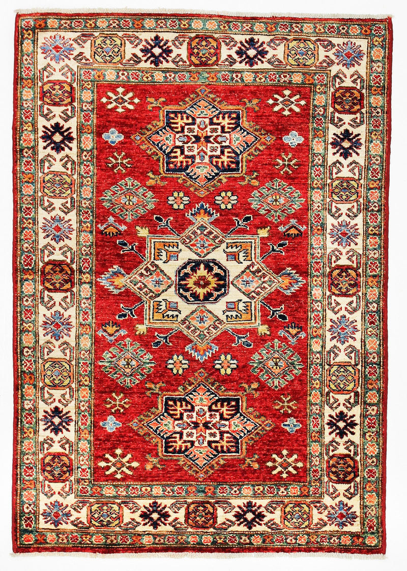 3x5 Red and Ivory Kazak Tribal Rug