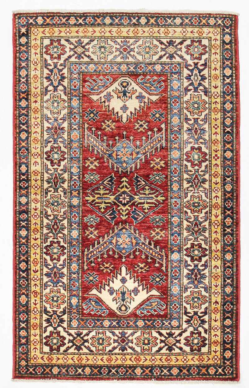 3x5 Red and Ivory Kazak Tribal Rug