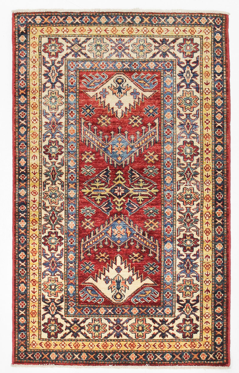 3x5 Red and Ivory Kazak Tribal Rug