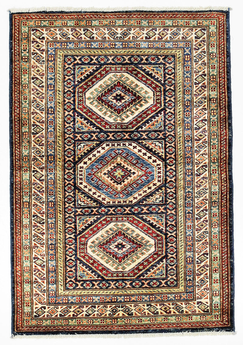 3x5 Navy and Ivory Kazak Tribal Rug