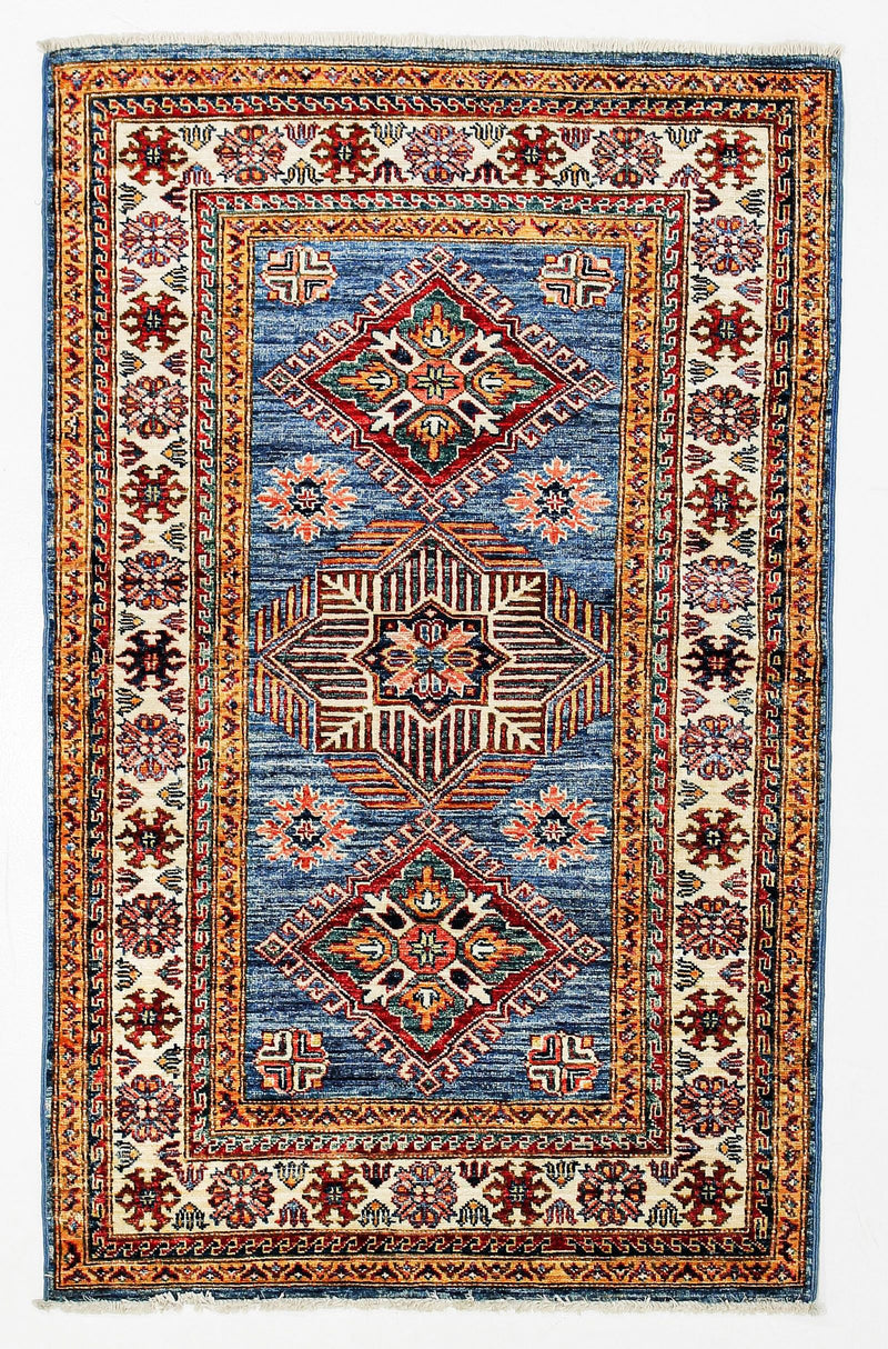 3x5 Blue and Ivory Kazak Tribal Rug