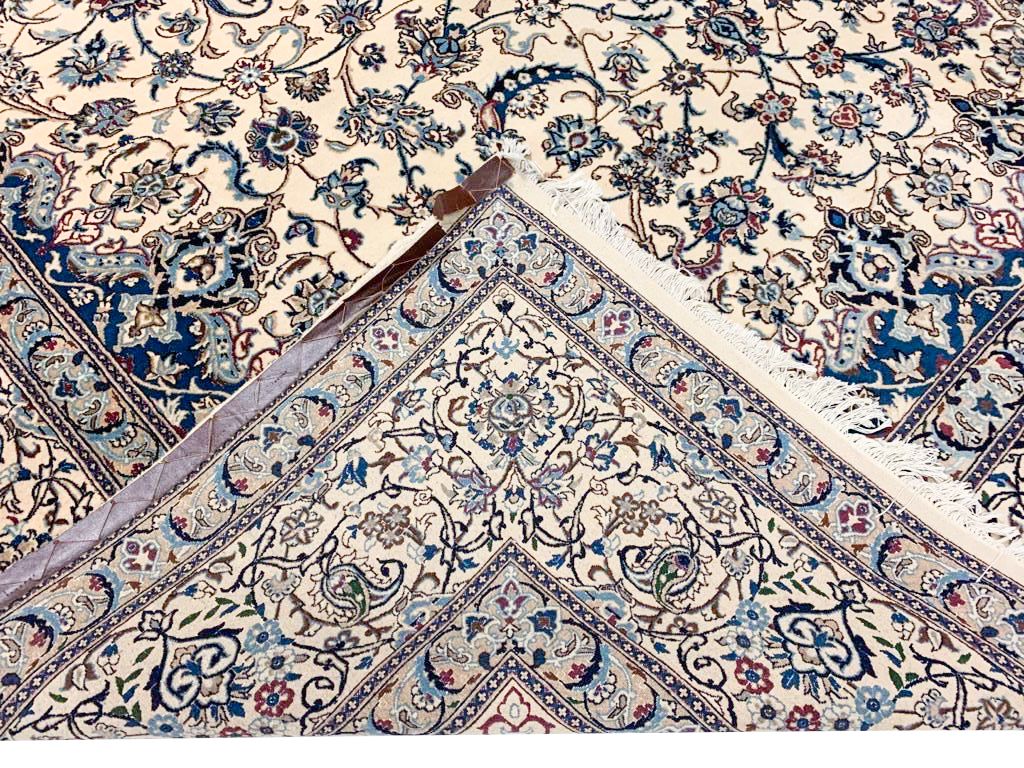 Vintage Handmade 10x13 Ivory and Blue Anatolian Turkish Traditional Distressed Area Rug