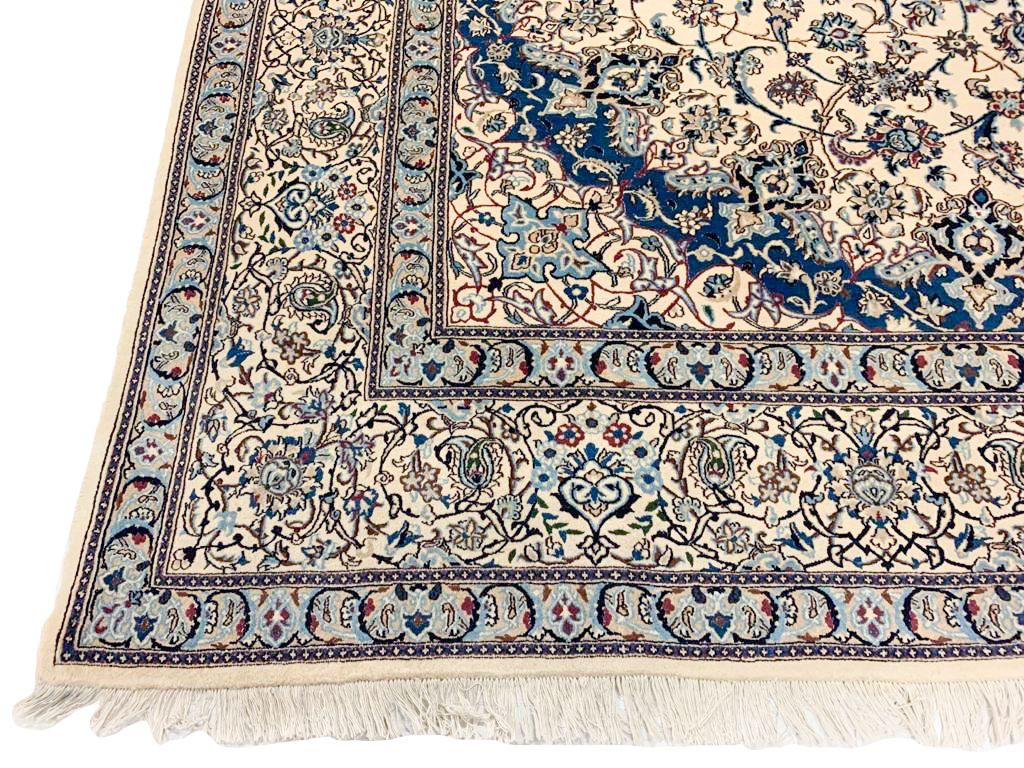Vintage Handmade 10x13 Ivory and Blue Anatolian Turkish Traditional Distressed Area Rug