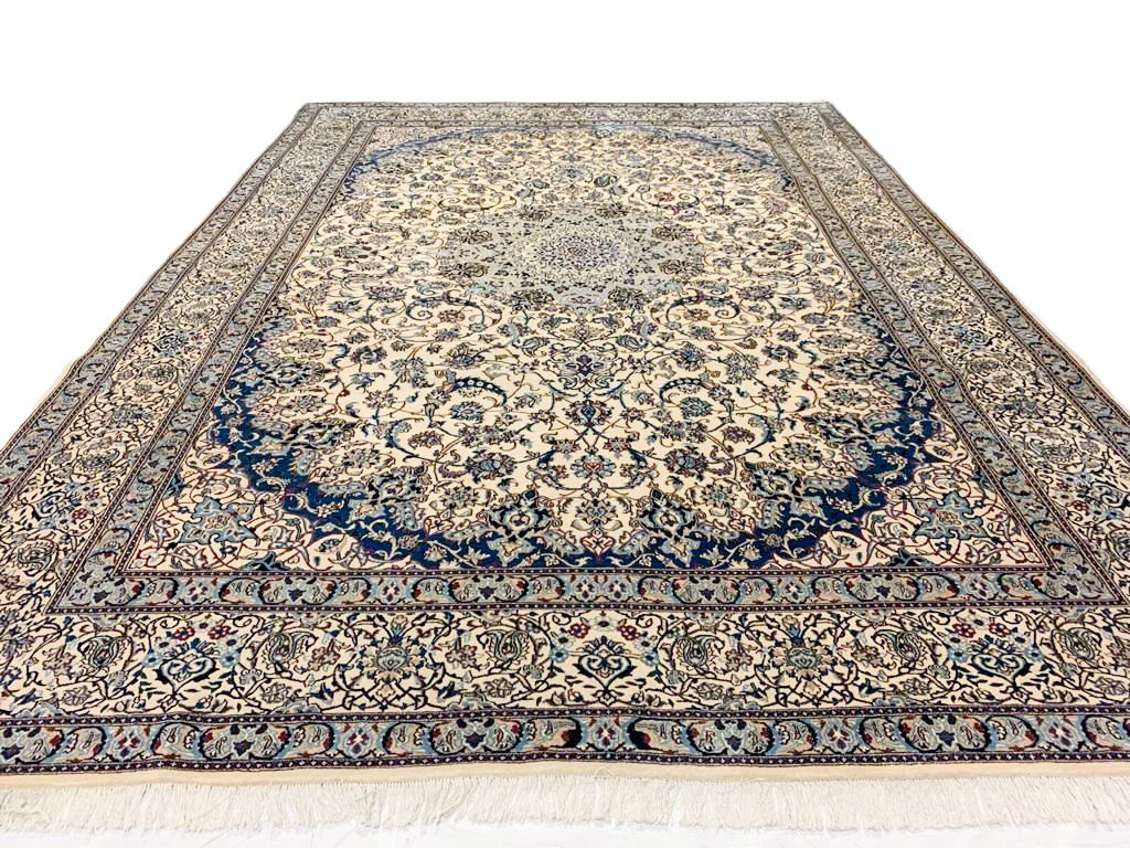 Vintage Handmade 10x13 Ivory and Blue Anatolian Turkish Traditional Distressed Area Rug