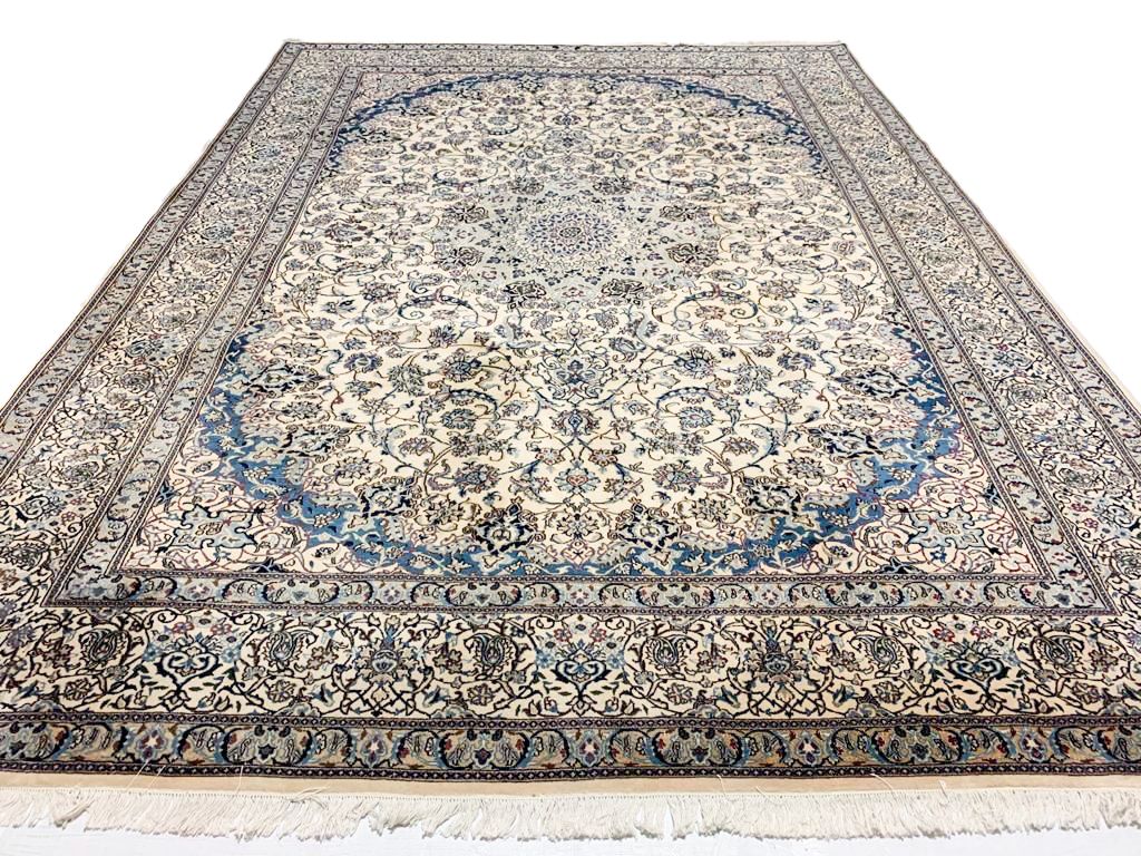 Vintage Handmade 10x13 Ivory and Blue Anatolian Turkish Traditional Distressed Area Rug