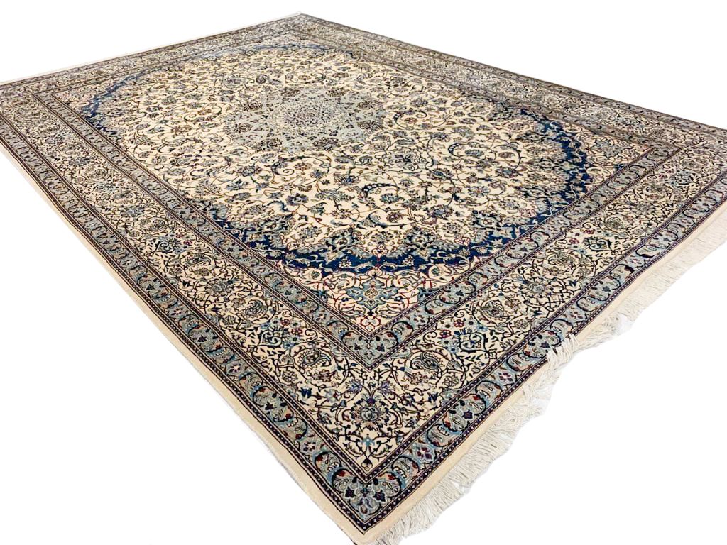 Vintage Handmade 10x13 Ivory and Blue Anatolian Turkish Traditional Distressed Area Rug