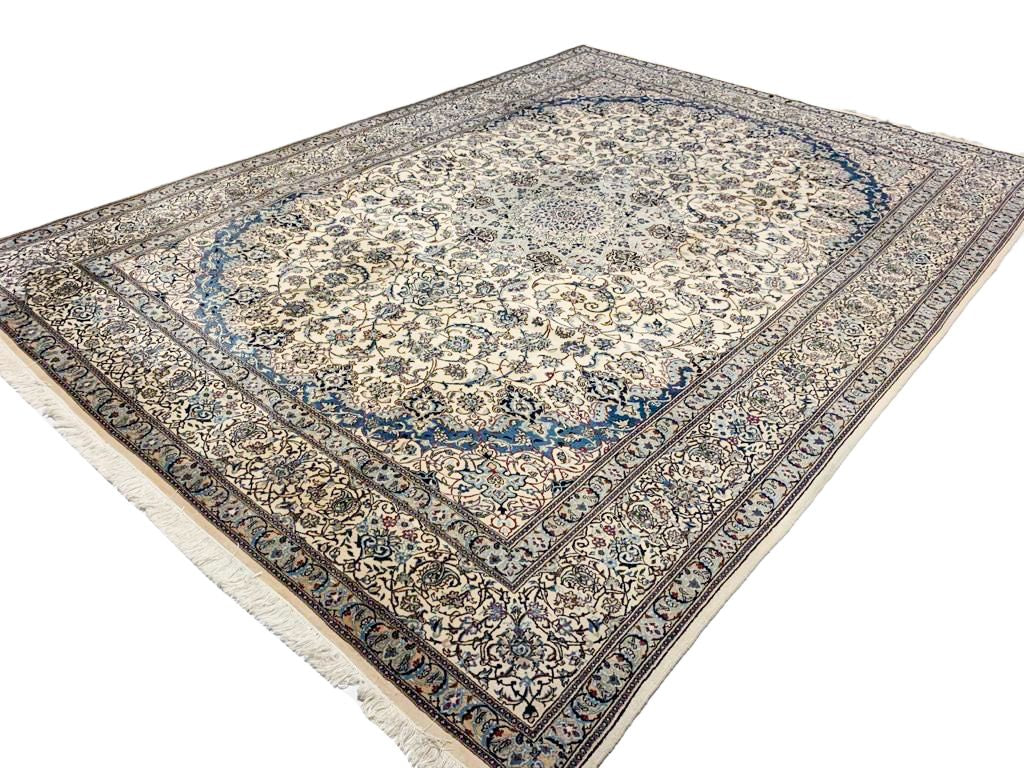 Vintage Handmade 10x13 Ivory and Blue Anatolian Turkish Traditional Distressed Area Rug