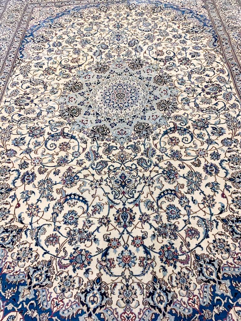 Vintage Handmade 10x13 Ivory and Blue Anatolian Turkish Traditional Distressed Area Rug