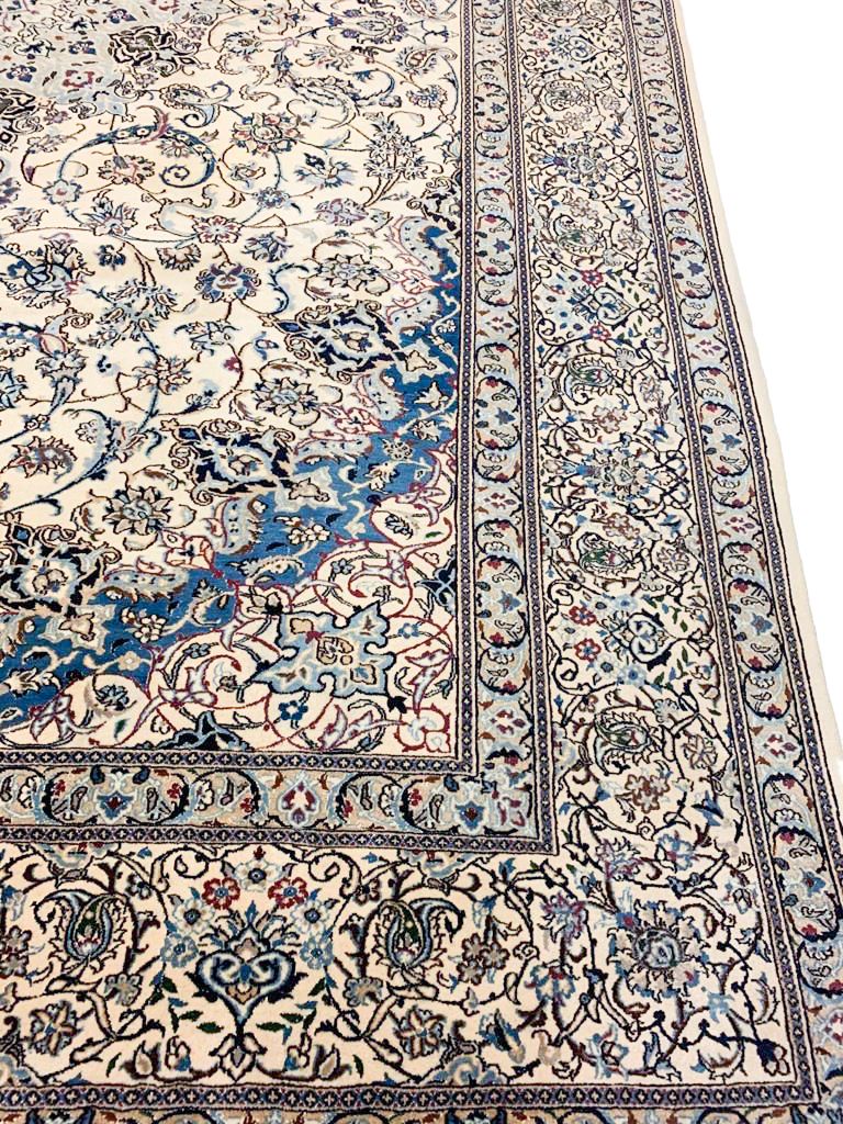 Vintage Handmade 10x13 Ivory and Blue Anatolian Turkish Traditional Distressed Area Rug