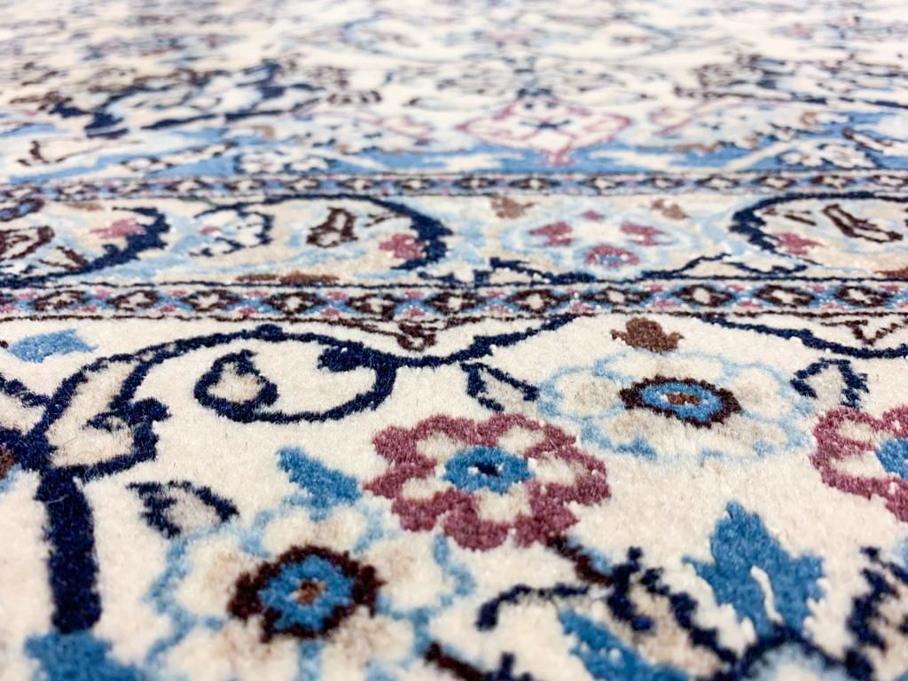 Vintage Handmade 10x13 Ivory and Blue Anatolian Turkish Traditional Distressed Area Rug