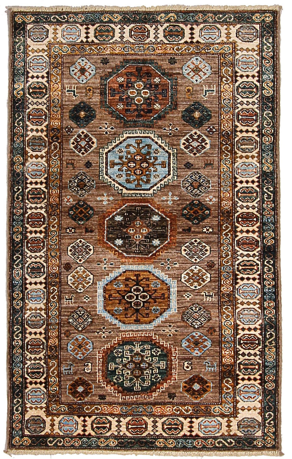 3x5 Brown and Ivory Kazak Tribal Rug