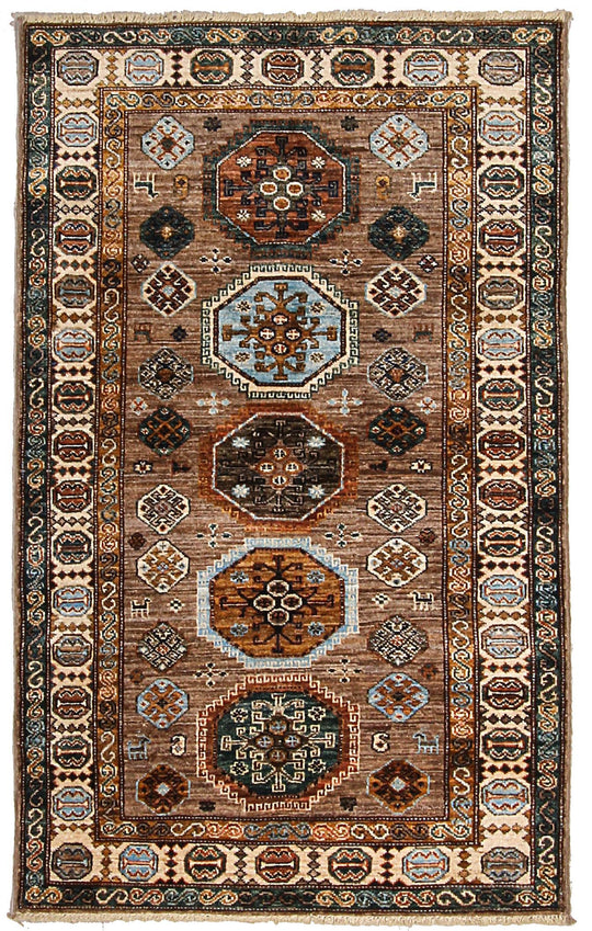 3x5 Brown and Ivory Kazak Tribal Rug