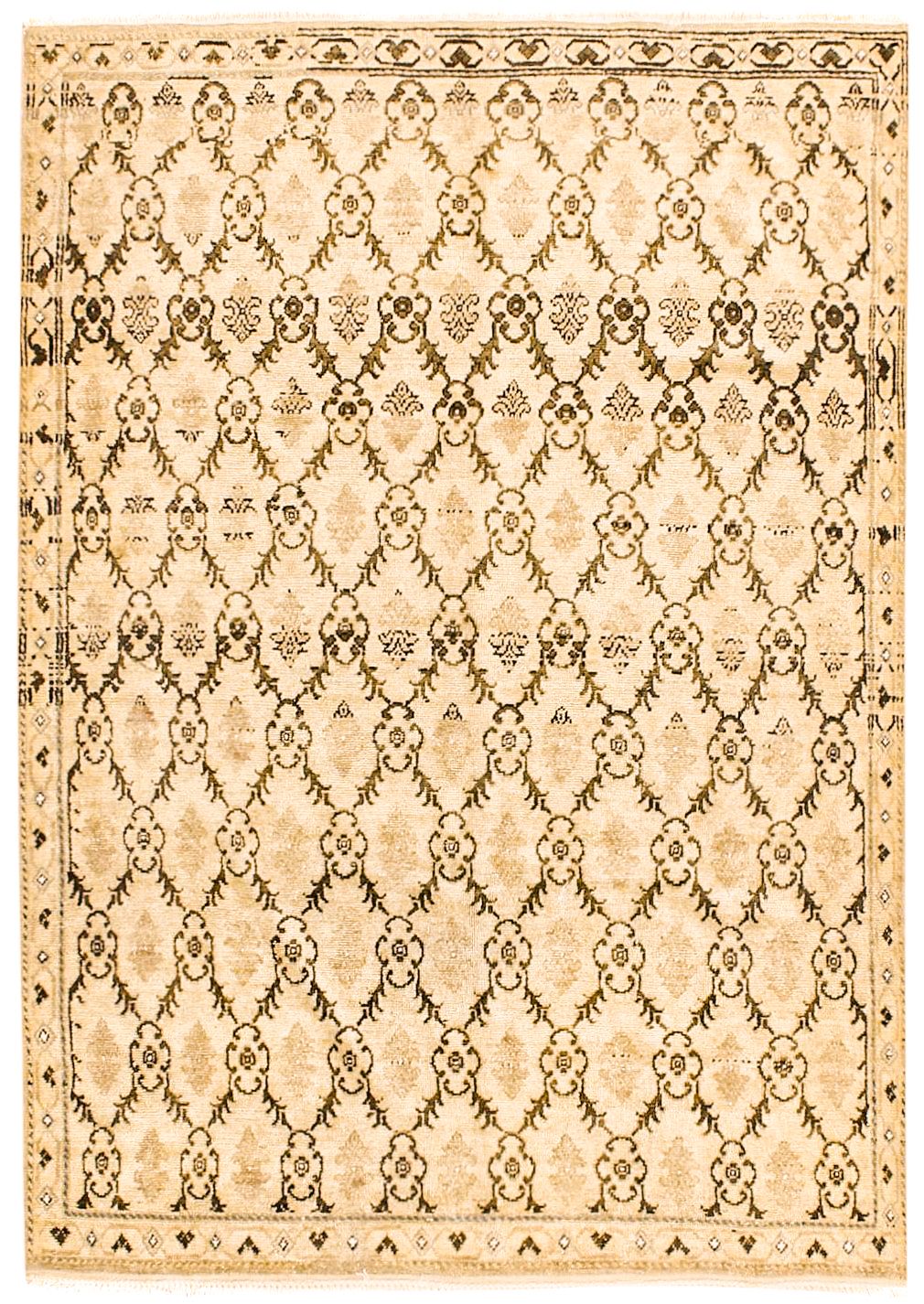 6x8 Ivory and Green Turkish Tribal Rug