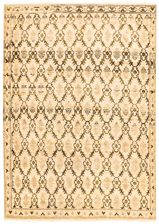 6x8 Ivory and Green Turkish Tribal Rug