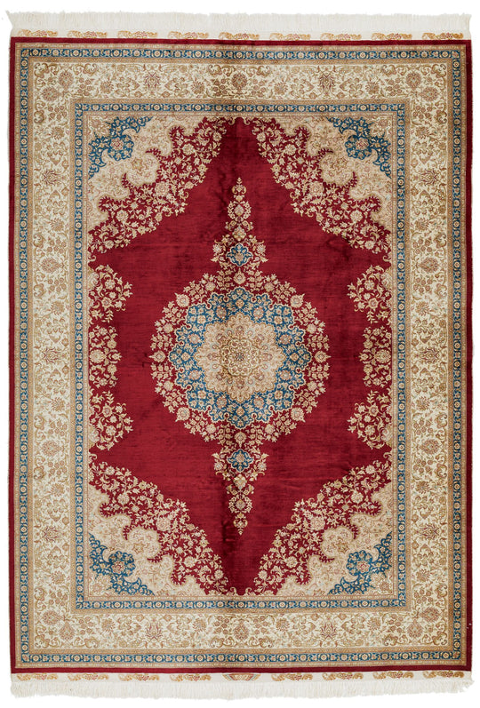 6x8 Red and Ivory Turkish Silk Rug