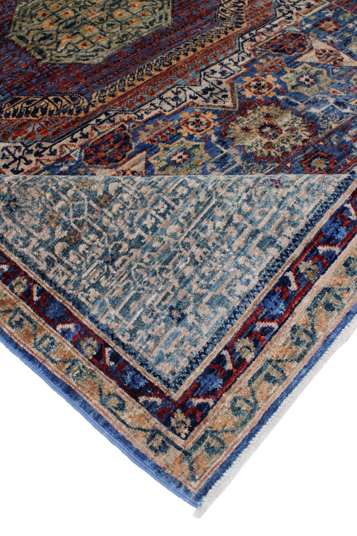 8x10 Ivory and Blue Turkish Tribal Rug