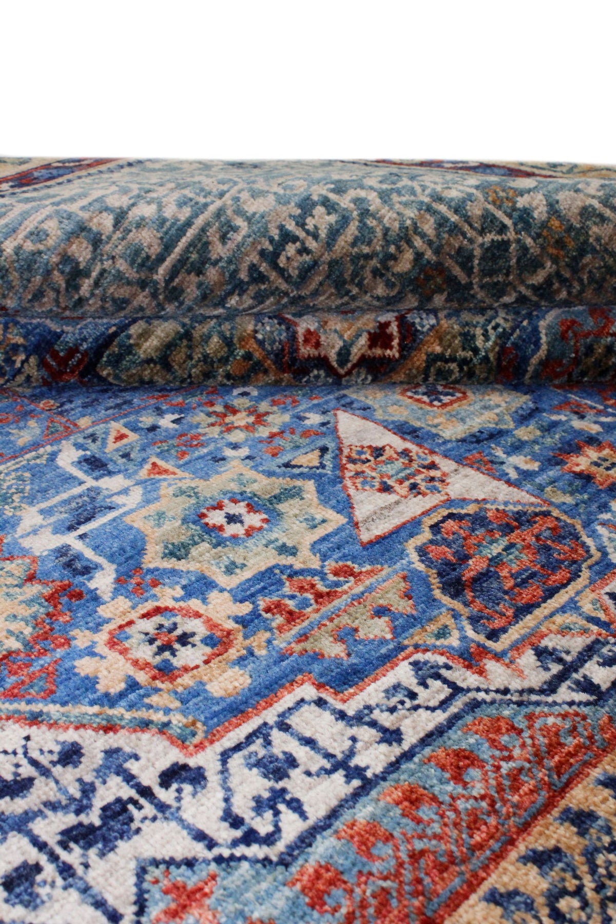 8x10 Ivory and Blue Turkish Tribal Rug