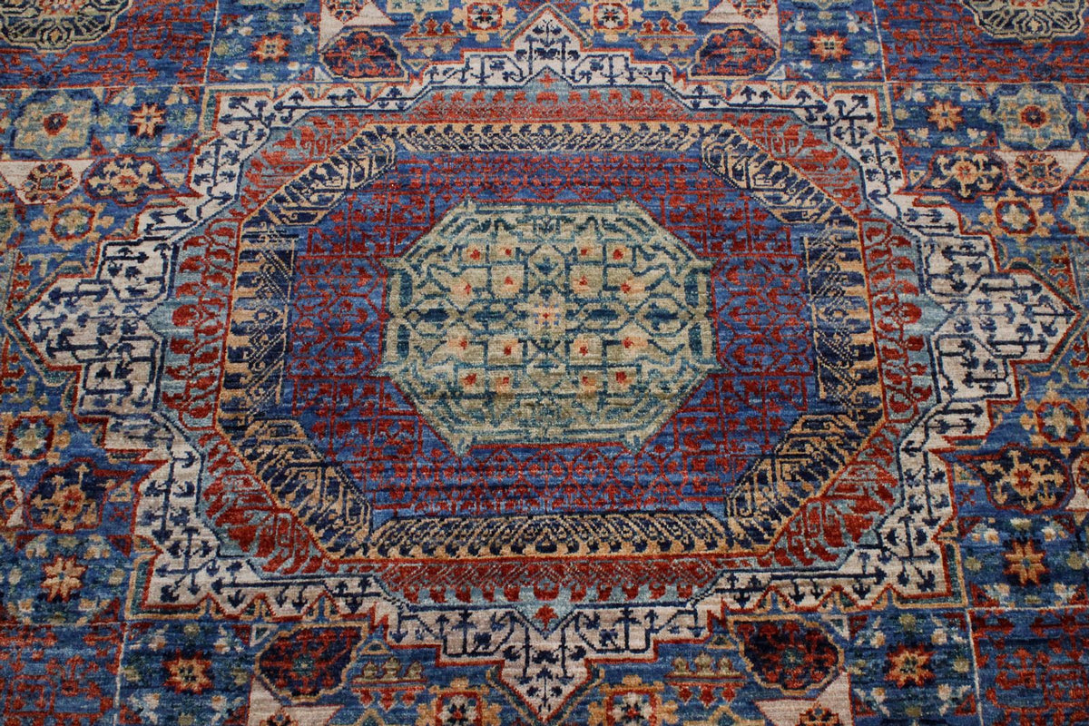 8x10 Ivory and Blue Turkish Tribal Rug