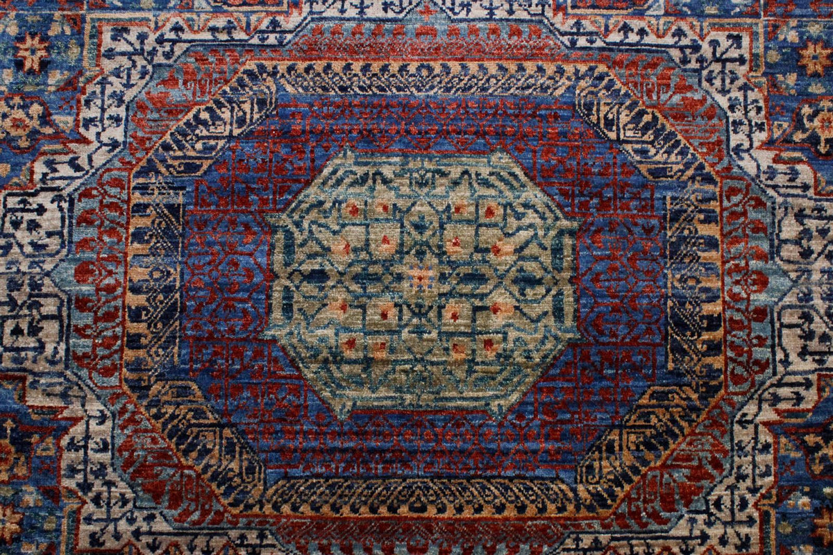 8x10 Ivory and Blue Turkish Tribal Rug