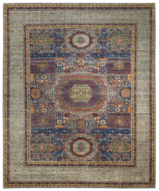 8x10 Ivory and Blue Turkish Tribal Rug