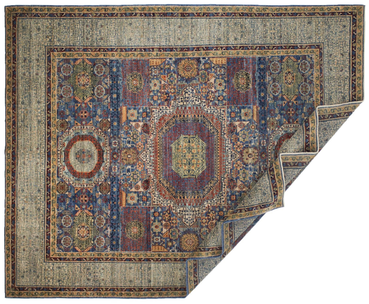8x10 Ivory and Blue Turkish Tribal Rug