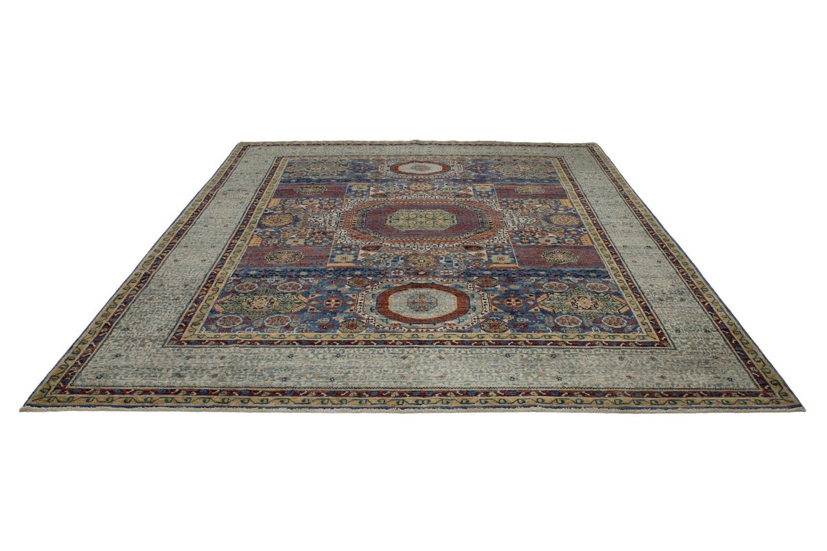 8x10 Ivory and Blue Turkish Tribal Rug