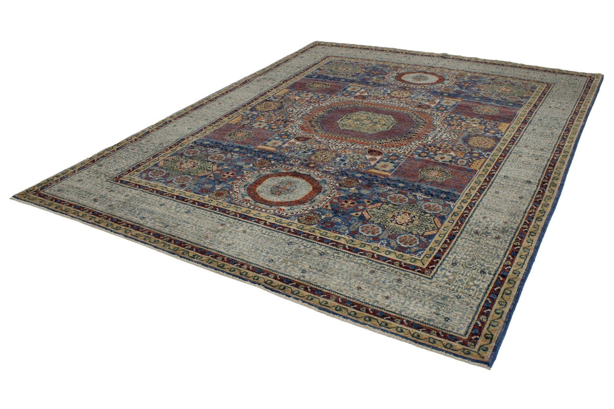 8x10 Ivory and Blue Turkish Tribal Rug