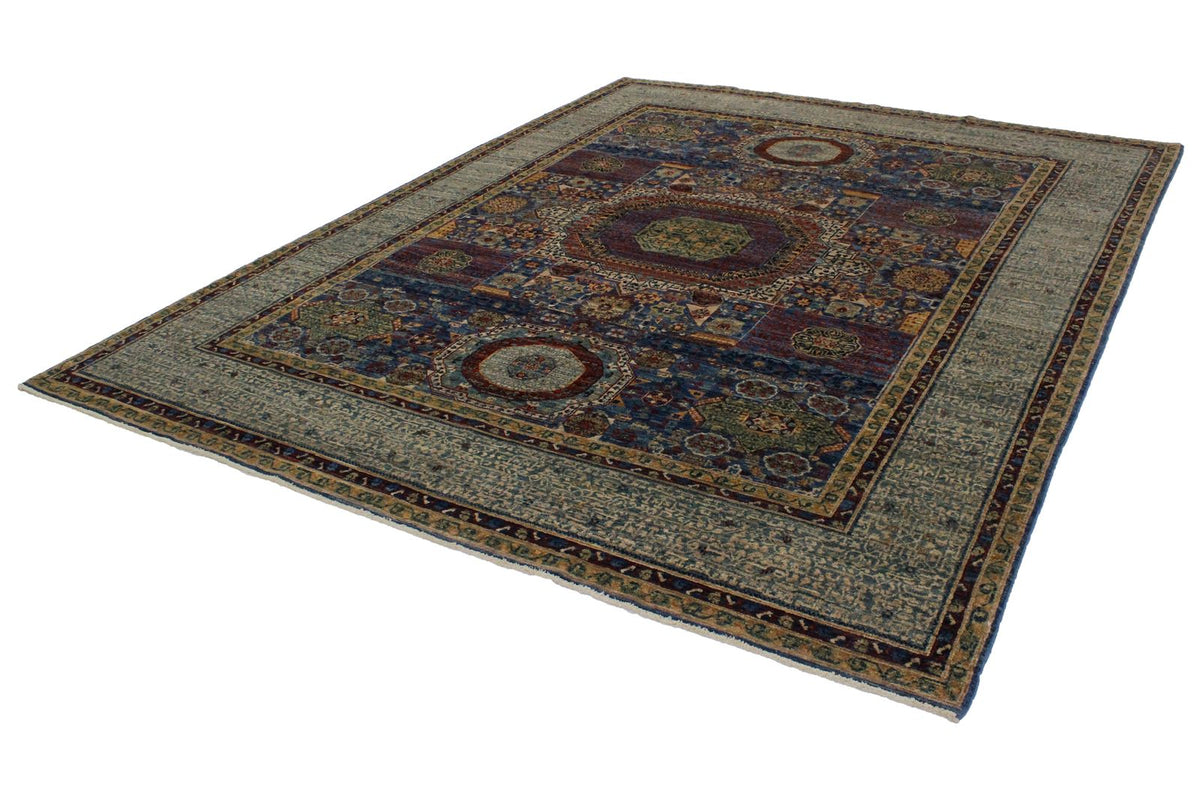 8x10 Ivory and Blue Turkish Tribal Rug